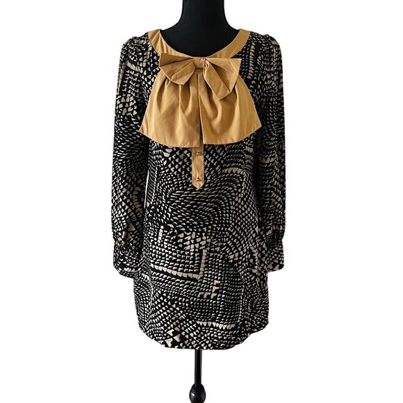 Lovposh Women's Geometric Bow Mini Dress - Tan Black - Small Feminine 70s - Picture 2 of 11